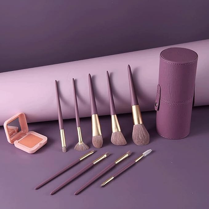 SkyShopy Set 9 Pcs Professional Everyday Makeup Brushes Set with PU Leather bucket, Synthetic Hair Cosmetic Wooden Handle Brushes SkyShopy Set 9 Pcs Professional Everyday Makeup Brushes Set with PU Leather bucket, Synthetic Hair Cosmetic Wooden Handle Brushes
